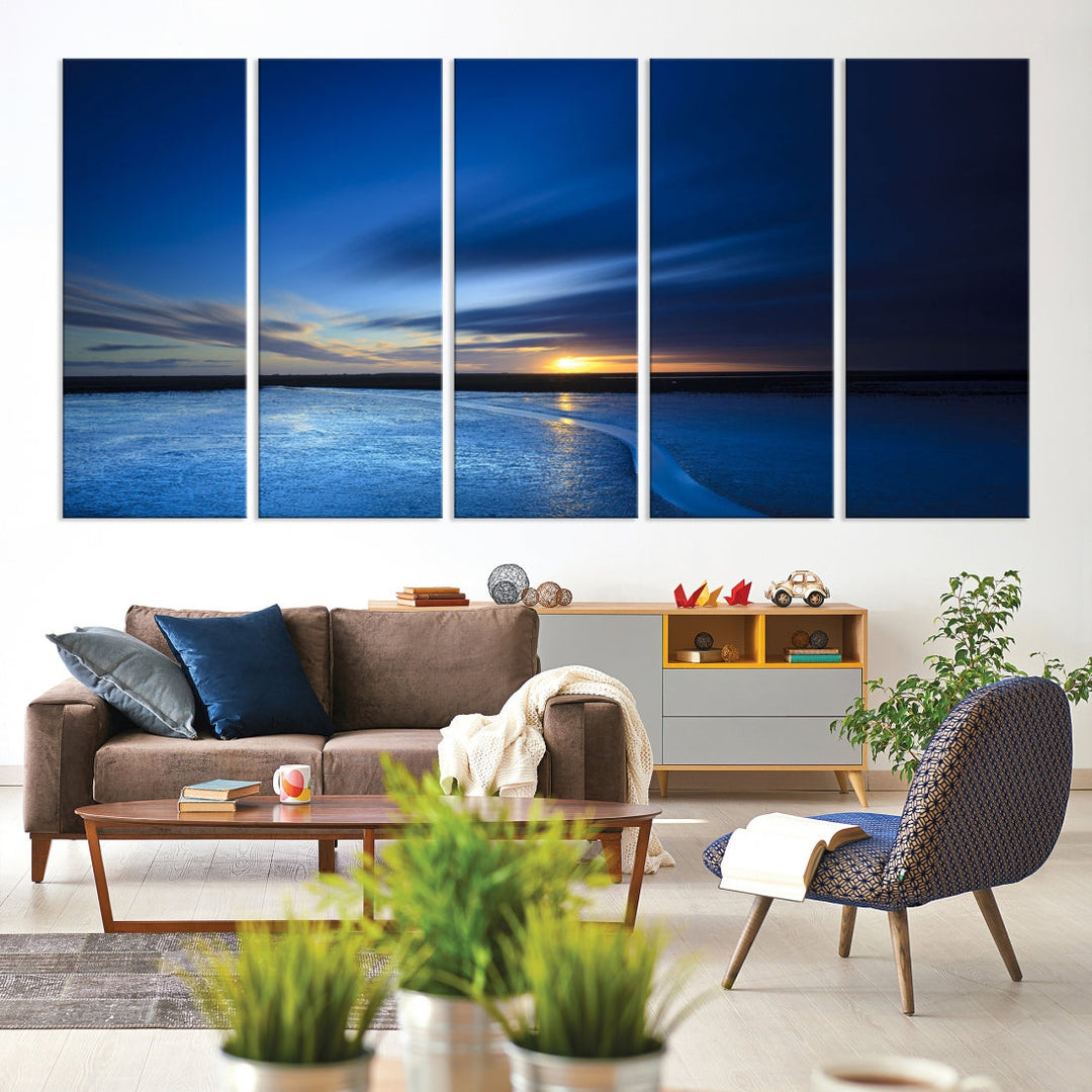 Blue Sunset over the Horizon Nautical Landscape Ocean Canvas Wall Art Print