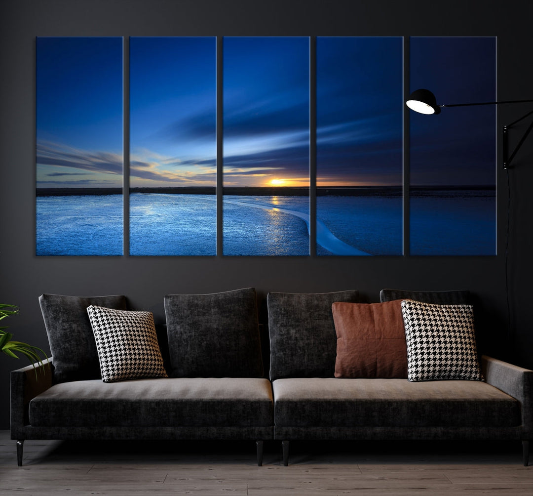 Blue Sunset over the Horizon Nautical Landscape Ocean Canvas Wall Art Print