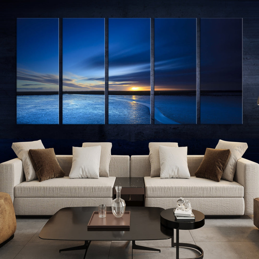 Blue Sunset over the Horizon Nautical Landscape Ocean Canvas Wall Art Print