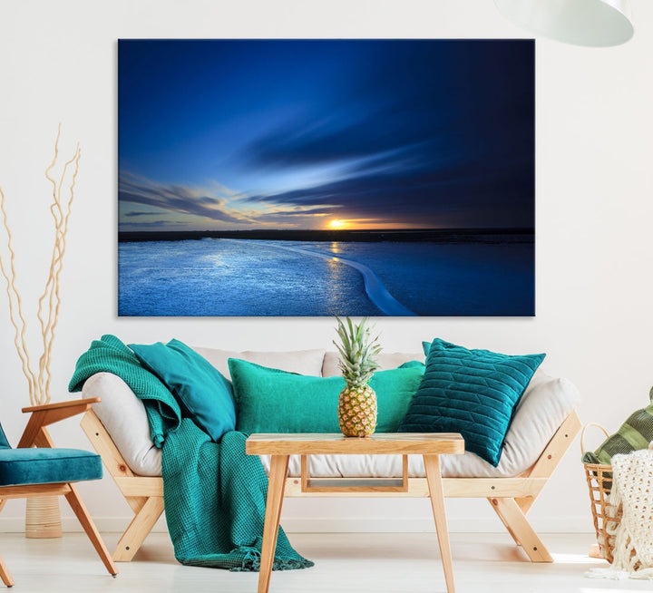 Blue Sunset over the Horizon Nautical Landscape Ocean Canvas Wall Art Print