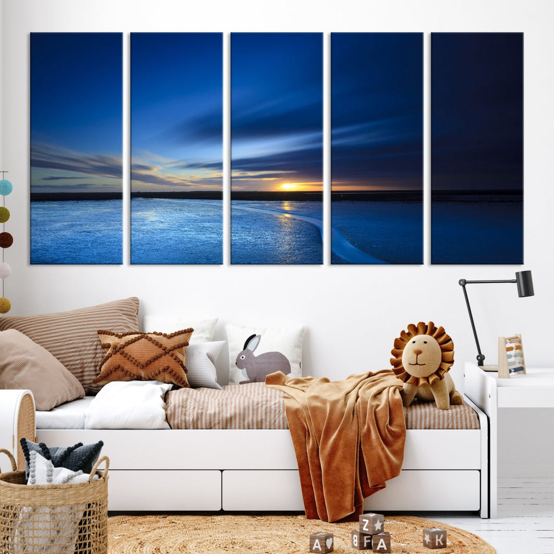 Blue Sunset over the Horizon Nautical Landscape Ocean Canvas Wall Art Print