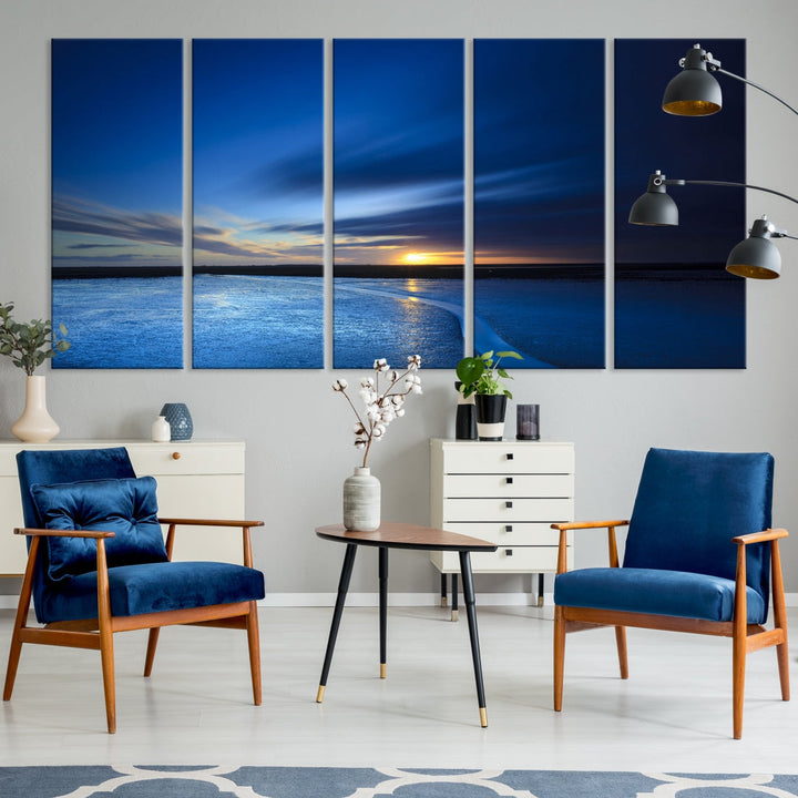 Blue Sunset over the Horizon Nautical Landscape Ocean Canvas Wall Art Print