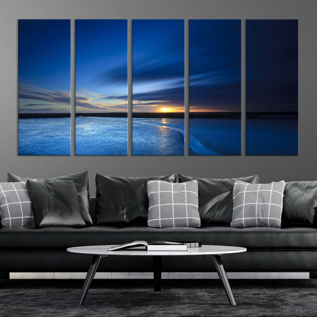 Blue Sunset over the Horizon Nautical Landscape Ocean Canvas Wall Art Print