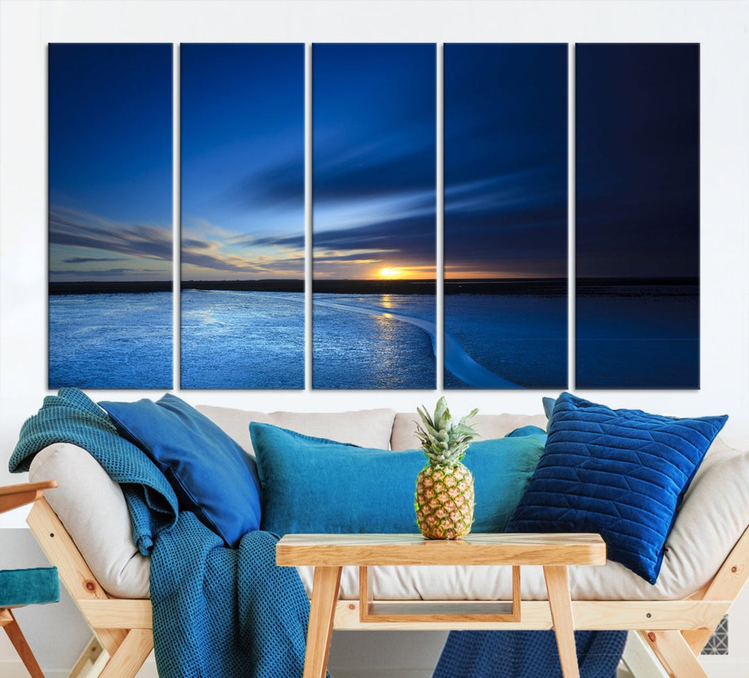 Blue Sunset over the Horizon Nautical Landscape Ocean Canvas Wall Art Print