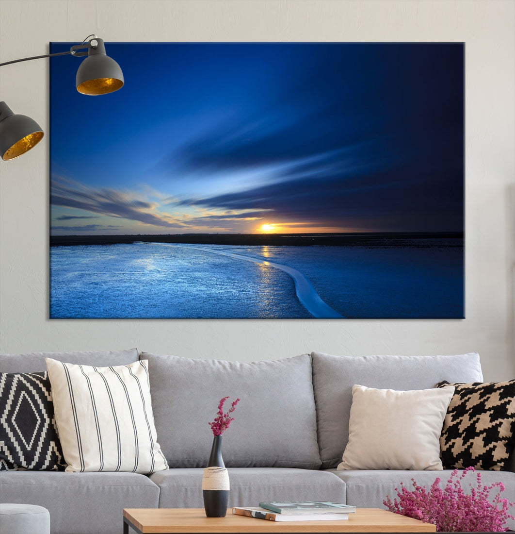 Blue Sunset over the Horizon Nautical Landscape Ocean Canvas Wall Art Print