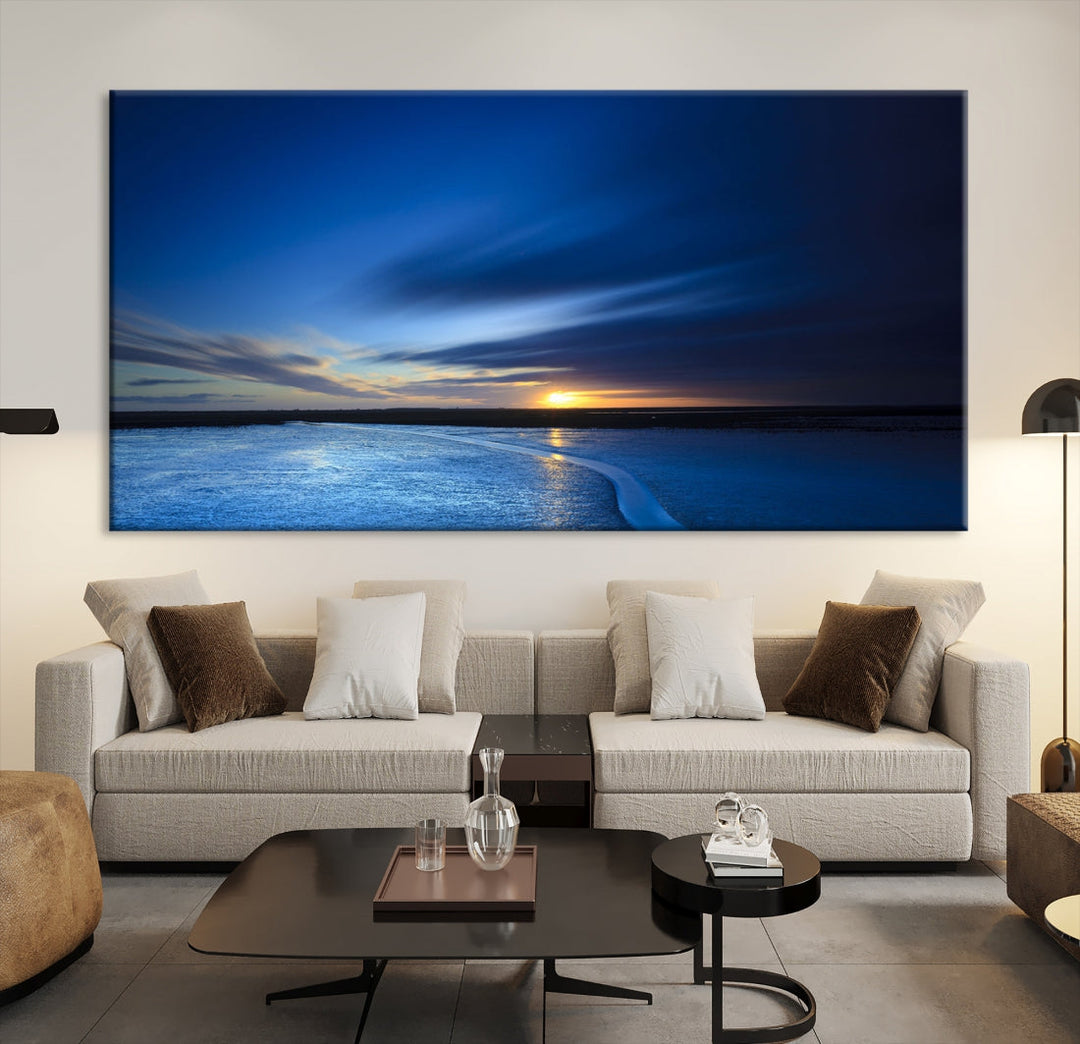 Blue Sunset over the Horizon Nautical Landscape Ocean Canvas Wall Art Print