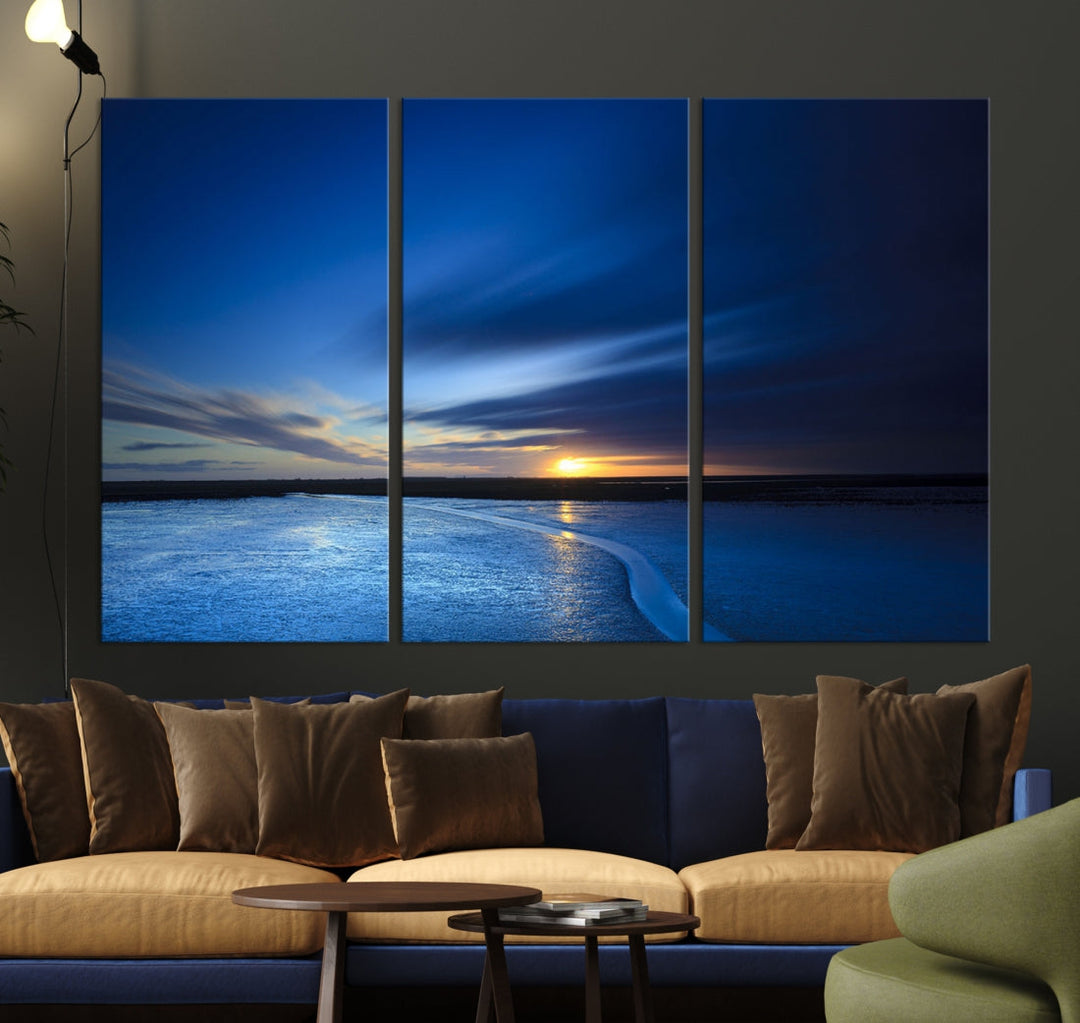 Blue Sunset over the Horizon Nautical Landscape Ocean Canvas Wall Art Print