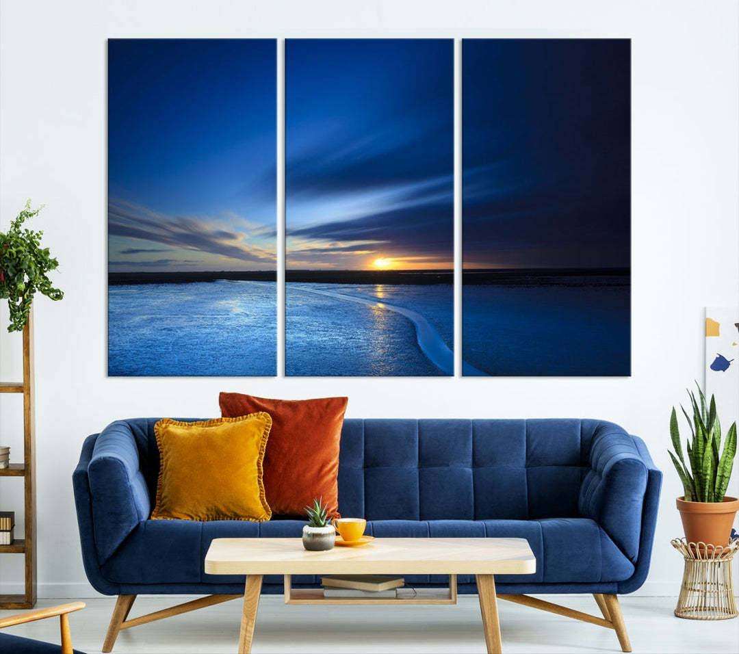 Blue Sunset over the Horizon Nautical Landscape Ocean Canvas Wall Art Print