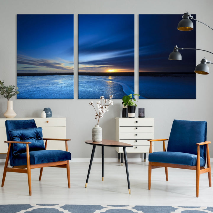 Blue Sunset over the Horizon Nautical Landscape Ocean Canvas Wall Art Print