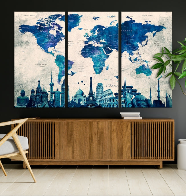 Blue World Map Canvas Print World Landmarks Map Poster Wall Art