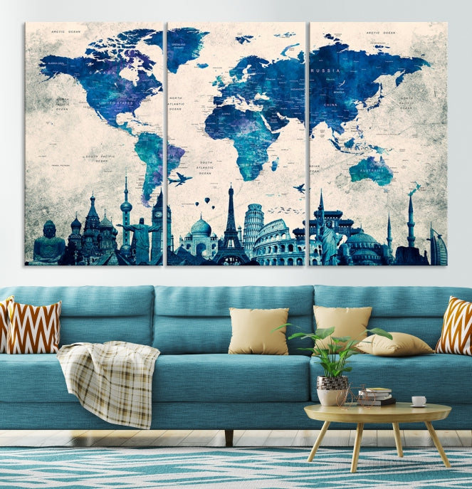 Blue World Map Canvas Print World Landmarks Map Poster Wall Art