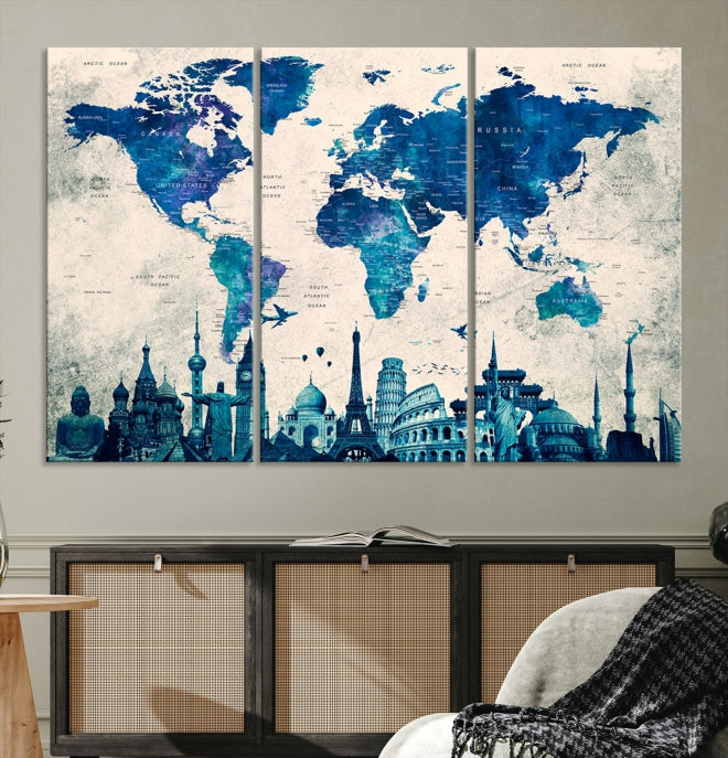 Blue World Map Canvas Print World Landmarks Map Poster Wall Art