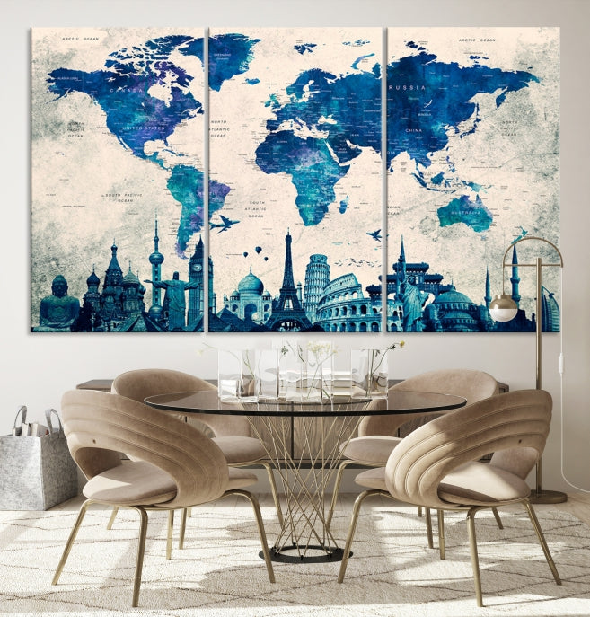 Blue World Map Canvas Print World Landmarks Map Poster Wall Art