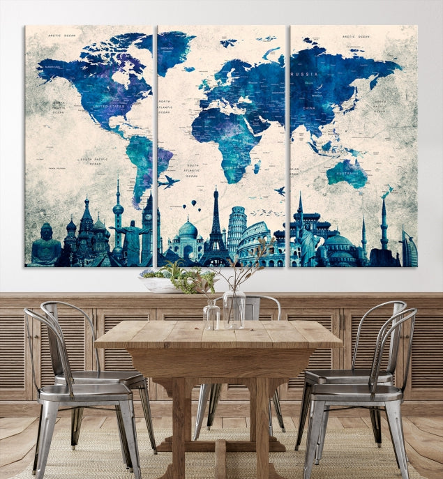 Blue World Map Canvas Print World Landmarks Map Poster Wall Art