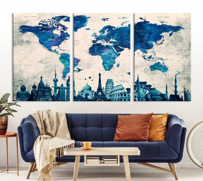 Blue World Map Canvas Print World Landmarks Map Poster Wall Art