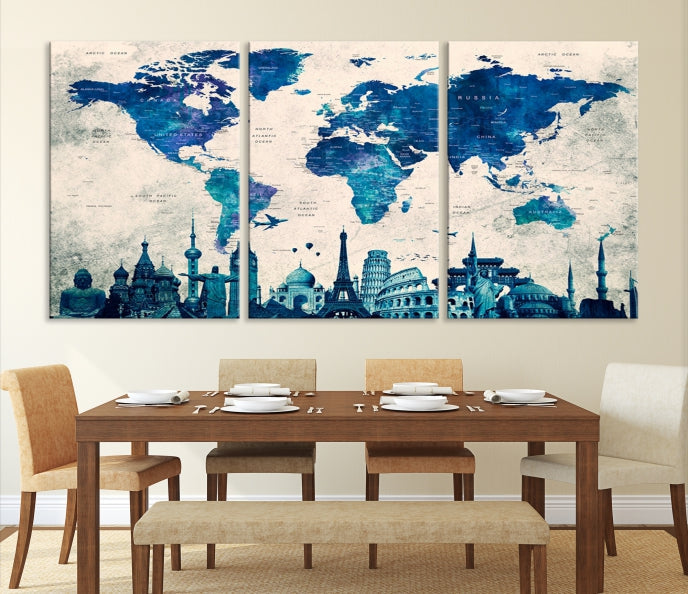 Blue World Map Canvas Print World Landmarks Map Poster Wall Art