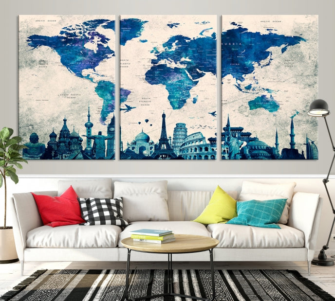 Blue World Map Canvas Print World Landmarks Map Poster Wall Art