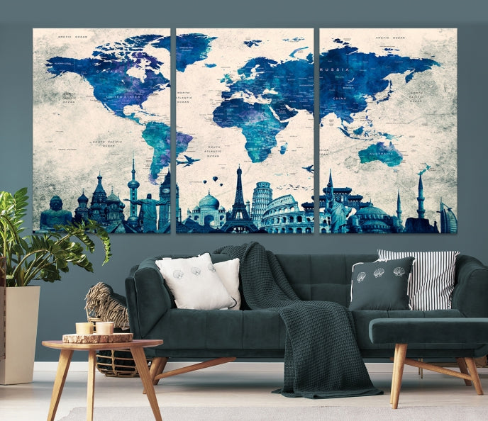 Blue World Map Canvas Print World Landmarks Map Poster Wall Art