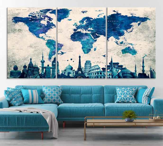 Blue World Map Canvas Print World Landmarks Map Poster Wall Art