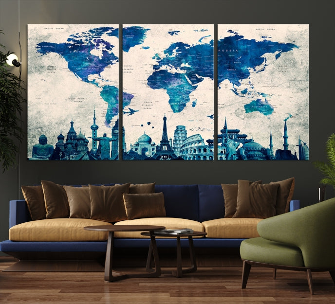 Blue World Map Canvas Print World Landmarks Map Poster Wall Art