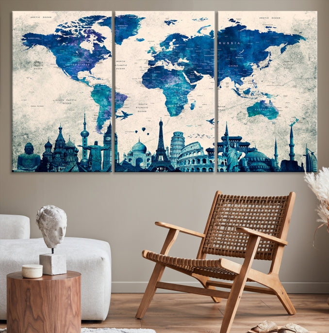 Blue World Map Canvas Print World Landmarks Map Poster Wall Art