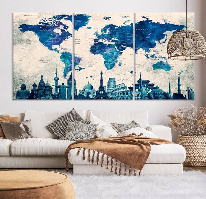 Blue World Map Canvas Print World Landmarks Map Poster Wall Art