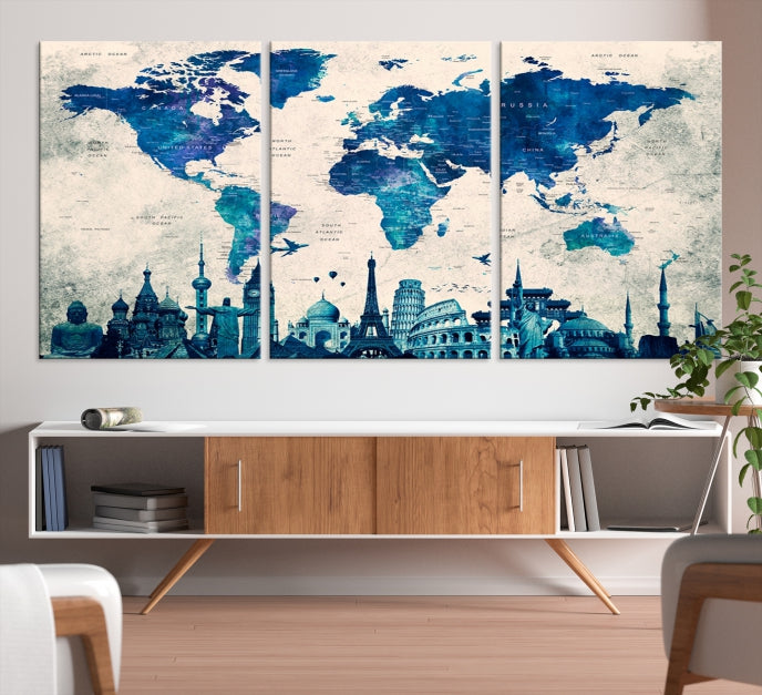 Blue World Map Canvas Print World Landmarks Map Poster Wall Art