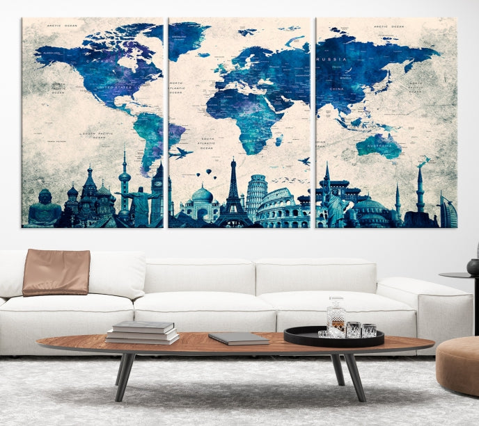 Blue World Map Canvas Print World Landmarks Map Poster Wall Art