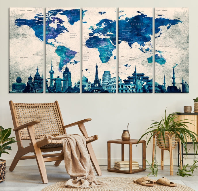 Blue World Map Canvas Print World Landmarks Map Poster Wall Art