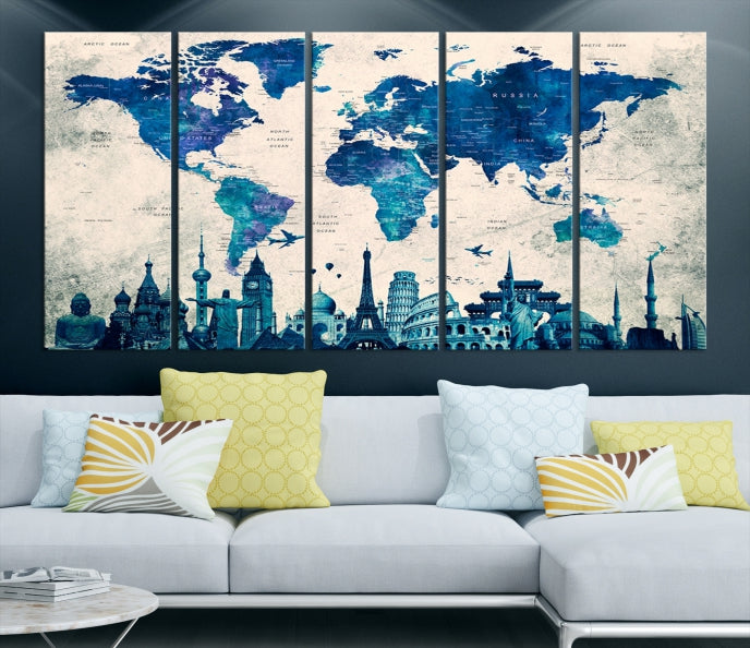 Blue World Map Canvas Print World Landmarks Map Poster Wall Art