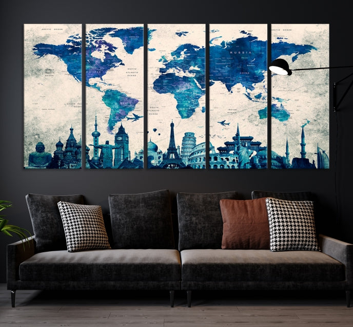 Blue World Map Canvas Print World Landmarks Map Poster Wall Art