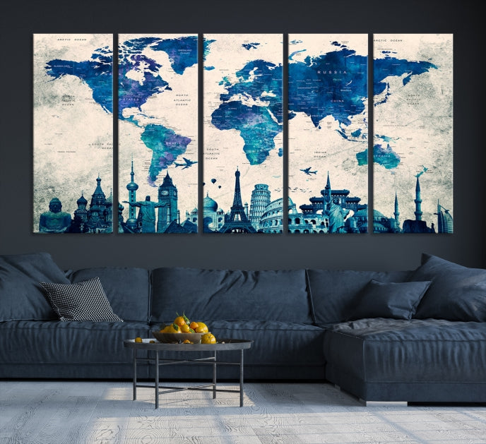 Blue World Map Canvas Print World Landmarks Map Poster Wall Art