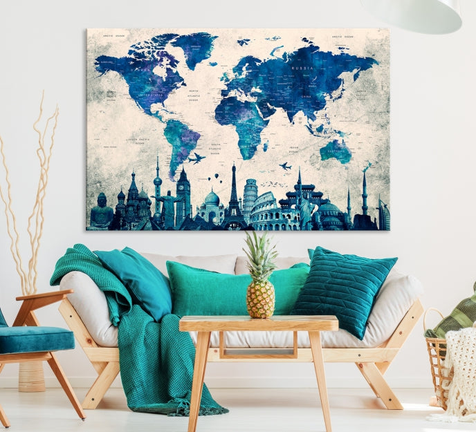 Blue World Map Canvas Print World Landmarks Map Poster Wall Art