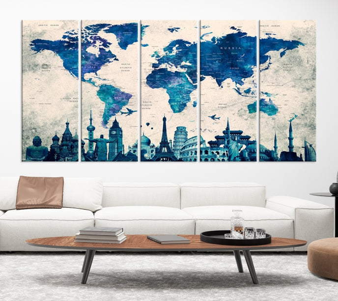 Blue World Map Canvas Print World Landmarks Map Poster Wall Art