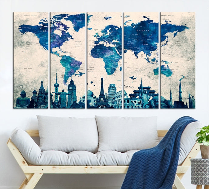 Blue World Map Canvas Print World Landmarks Map Poster Wall Art