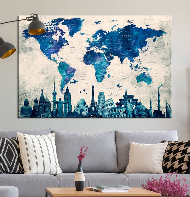 Blue World Map Canvas Print World Landmarks Map Poster Wall Art