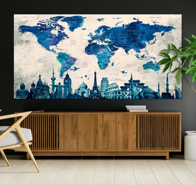 Blue World Map Canvas Print World Landmarks Map Poster Wall Art