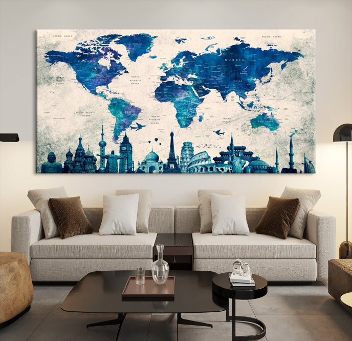 Blue World Map Canvas Print World Landmarks Map Poster Wall Art