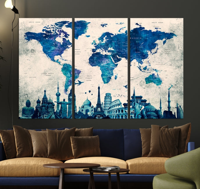 Blue World Map Canvas Print World Landmarks Map Poster Wall Art