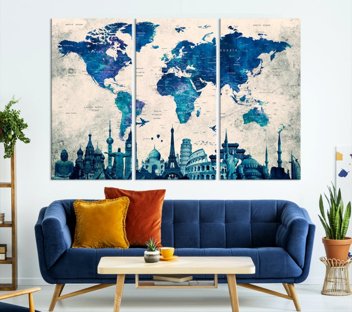 Blue World Map Canvas Print World Landmarks Map Poster Wall Art