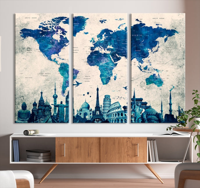 Blue World Map Canvas Print World Landmarks Map Poster Wall Art