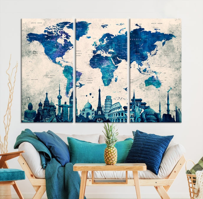 Blue World Map Canvas Print World Landmarks Map Poster Wall Art