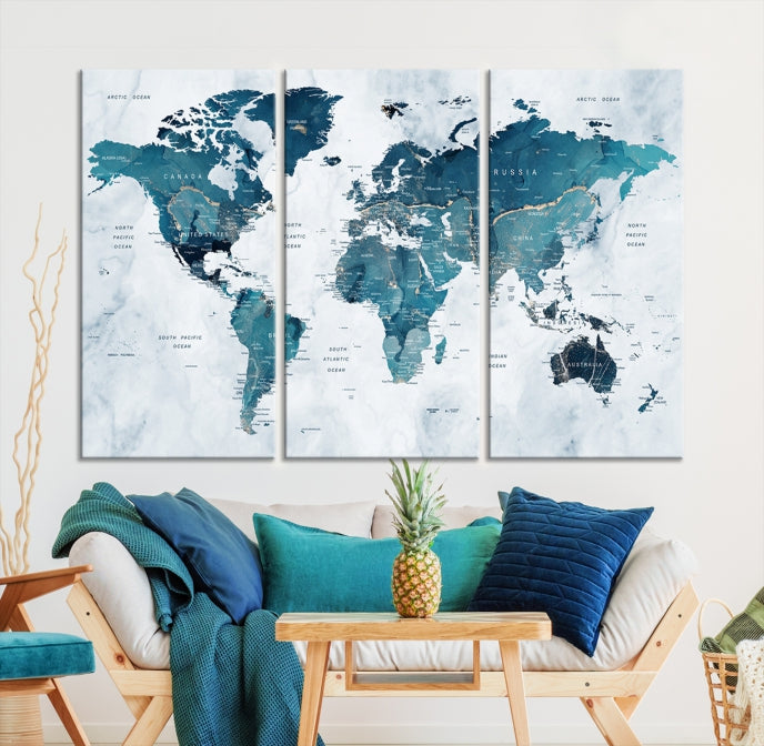 Blue World Map Extra Large Wall Art Canvas Print