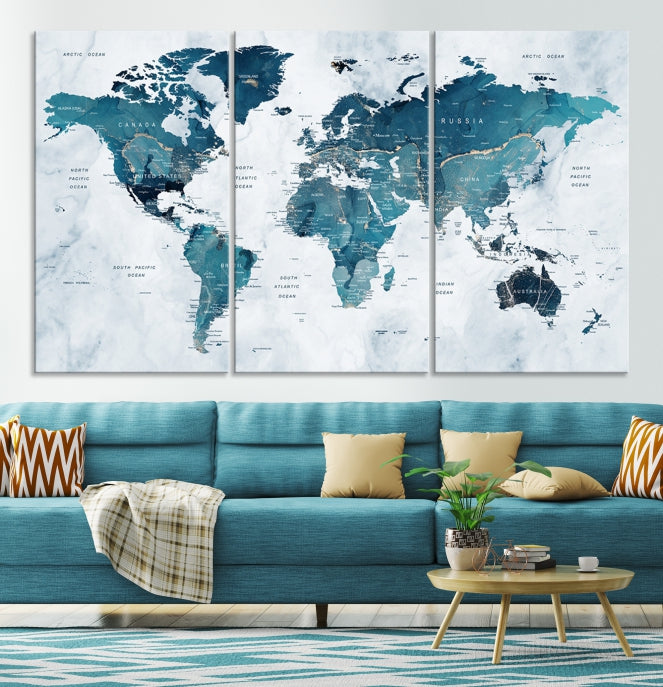 Blue World Map Extra Large Wall Art Canvas Print