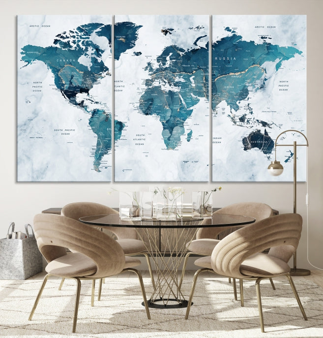 Blue World Map Extra Large Wall Art Canvas Print