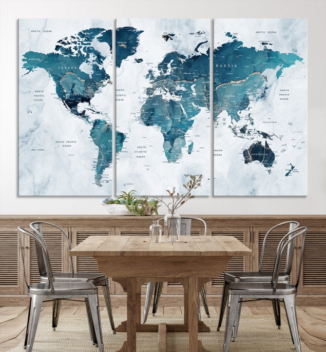 Blue World Map Extra Large Wall Art Canvas Print