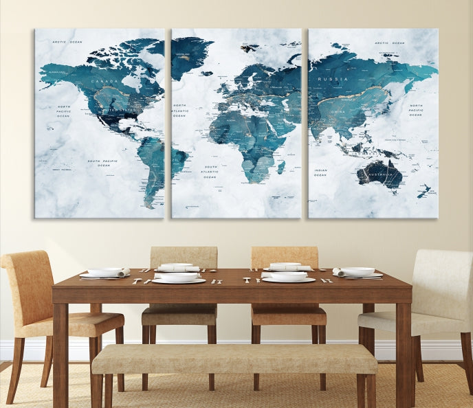 Blue World Map Extra Large Wall Art Canvas Print