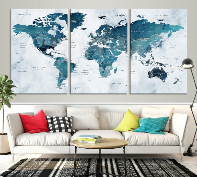 Blue World Map Extra Large Wall Art Canvas Print