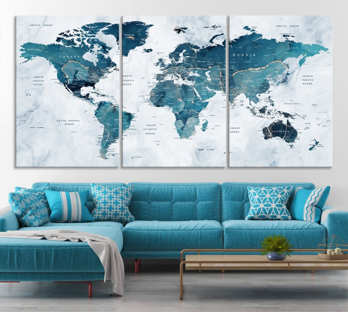 Blue World Map Extra Large Wall Art Canvas Print