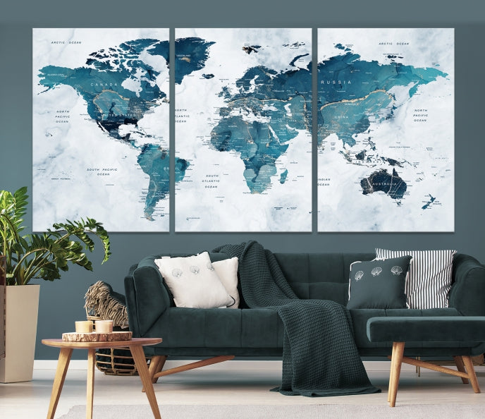 Blue World Map Extra Large Wall Art Canvas Print